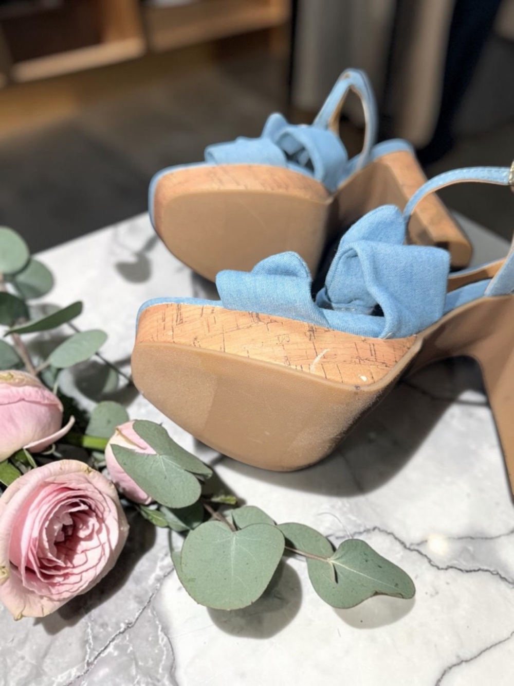 LAUREN CONRAD Blue Bow Cork Heels Size 8 - Picture 4 of 7